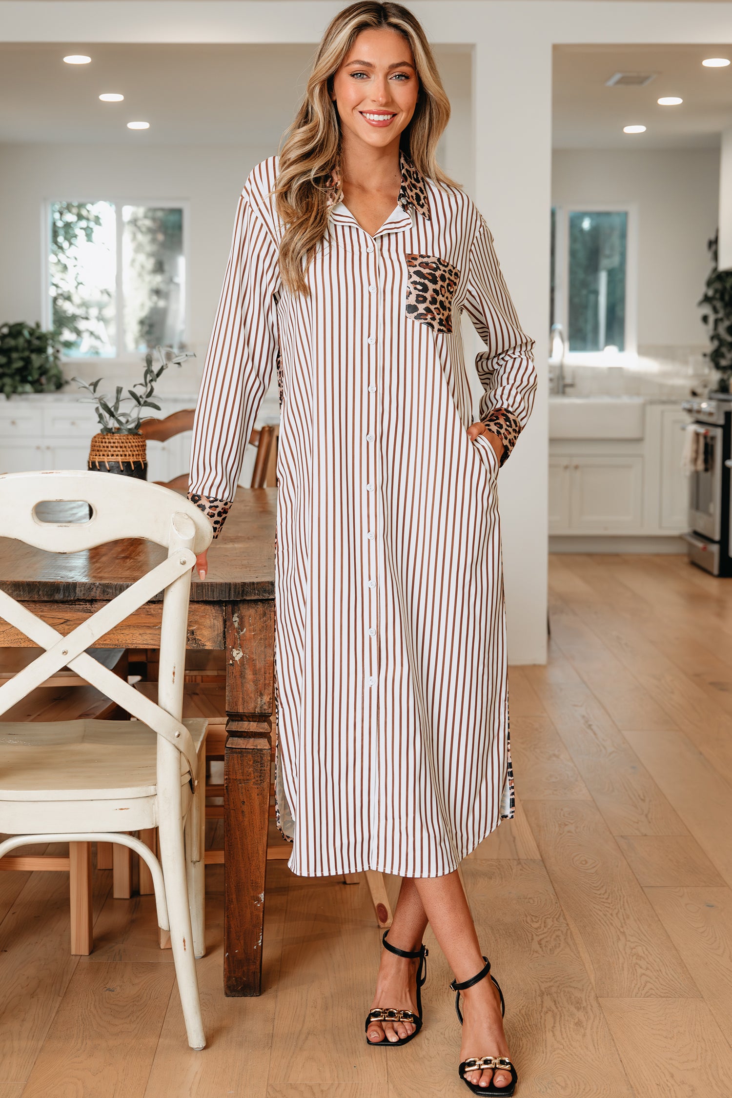 Striped Contrast Leopard Patchwork Long Shirt Dress with Slits