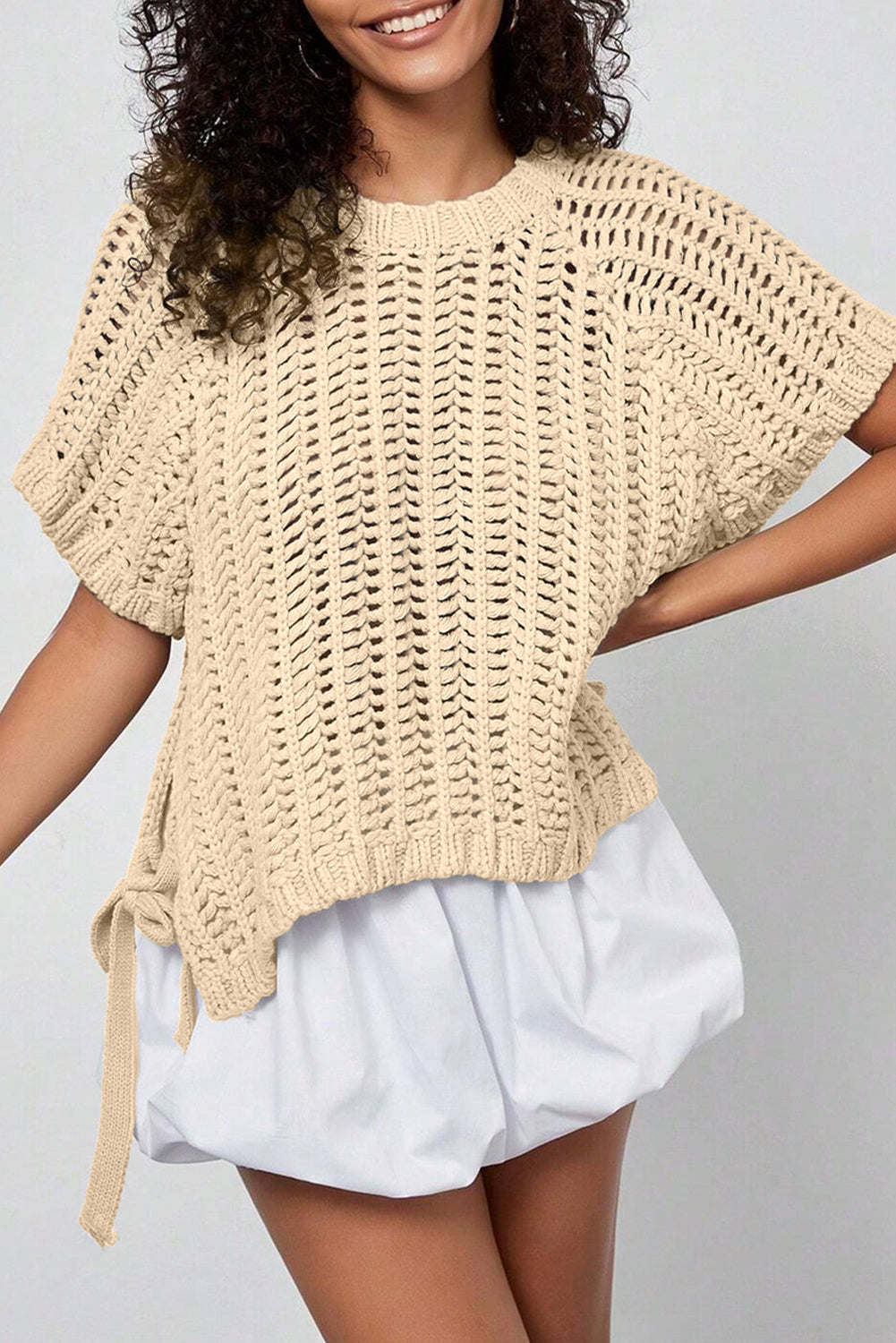 Plus Size Open Knit Bow Tie Short Sleeve Sweater