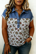 Grey Retro Floral Print Denim Patchwork Plus Size Polo Tee