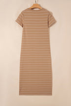 Khaki Stripe Casual Short Sleeve Side Slit Maxi T Shirt Dress