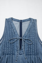 Dusk Blue Acid Wash Pintuck Tie V Neck Denim Wide Leg Jumpsuit