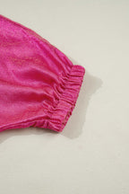 Strawberry Pink Collared V Neck Half Sleeve Metallic Top