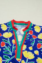 Blue Wild Floral Printed Contrast Striped Patchwork V Neck Short Sleeve Blouse