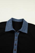 Black Textured Knit Denim Patchwork Button Polo Collar Long Sleeve Top