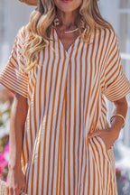 Brown Stripe Pinched V Neck Turn-up Cuffs Shift Mini Dress