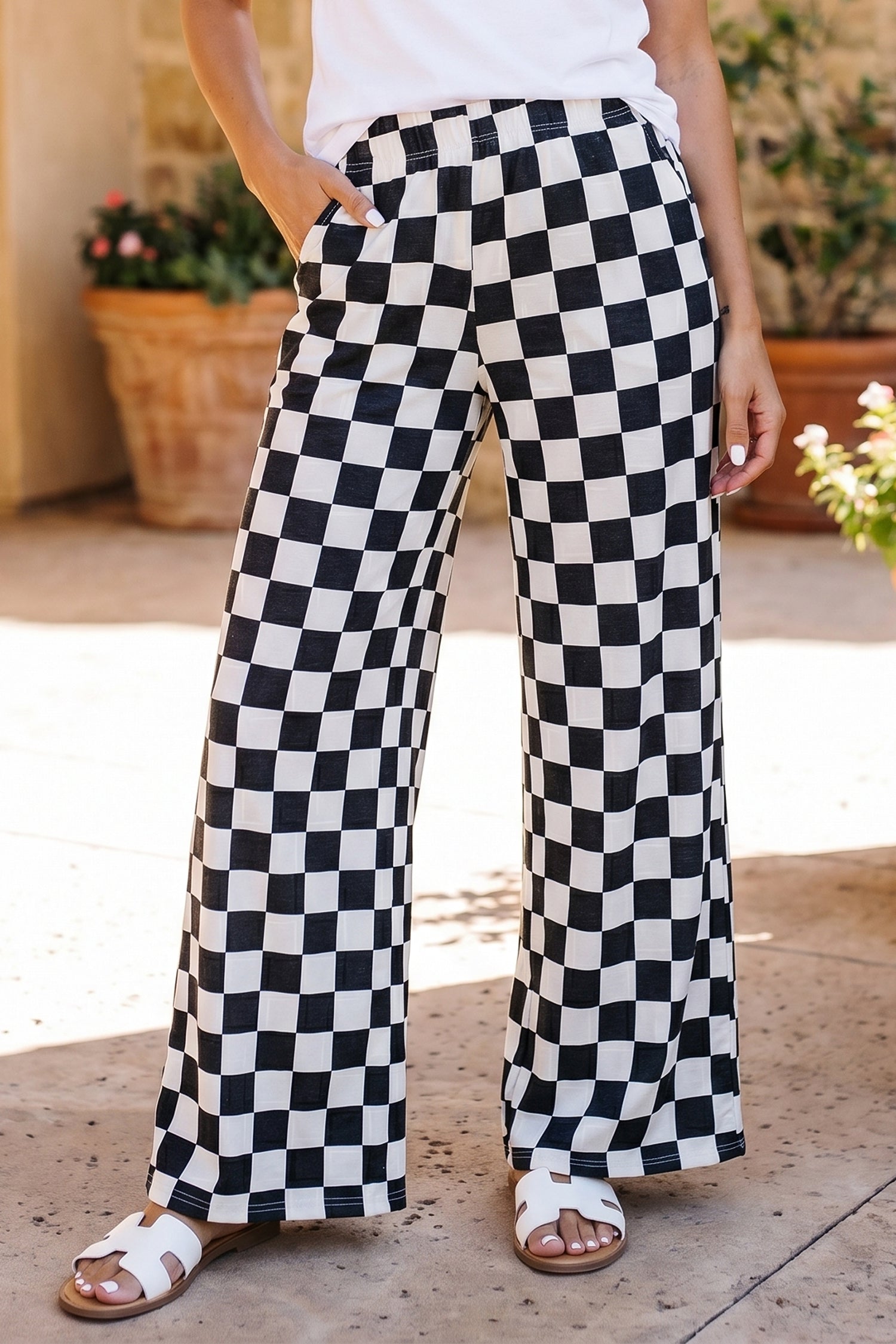 2-Tone Checked Print High Waist Wide Leg Pants