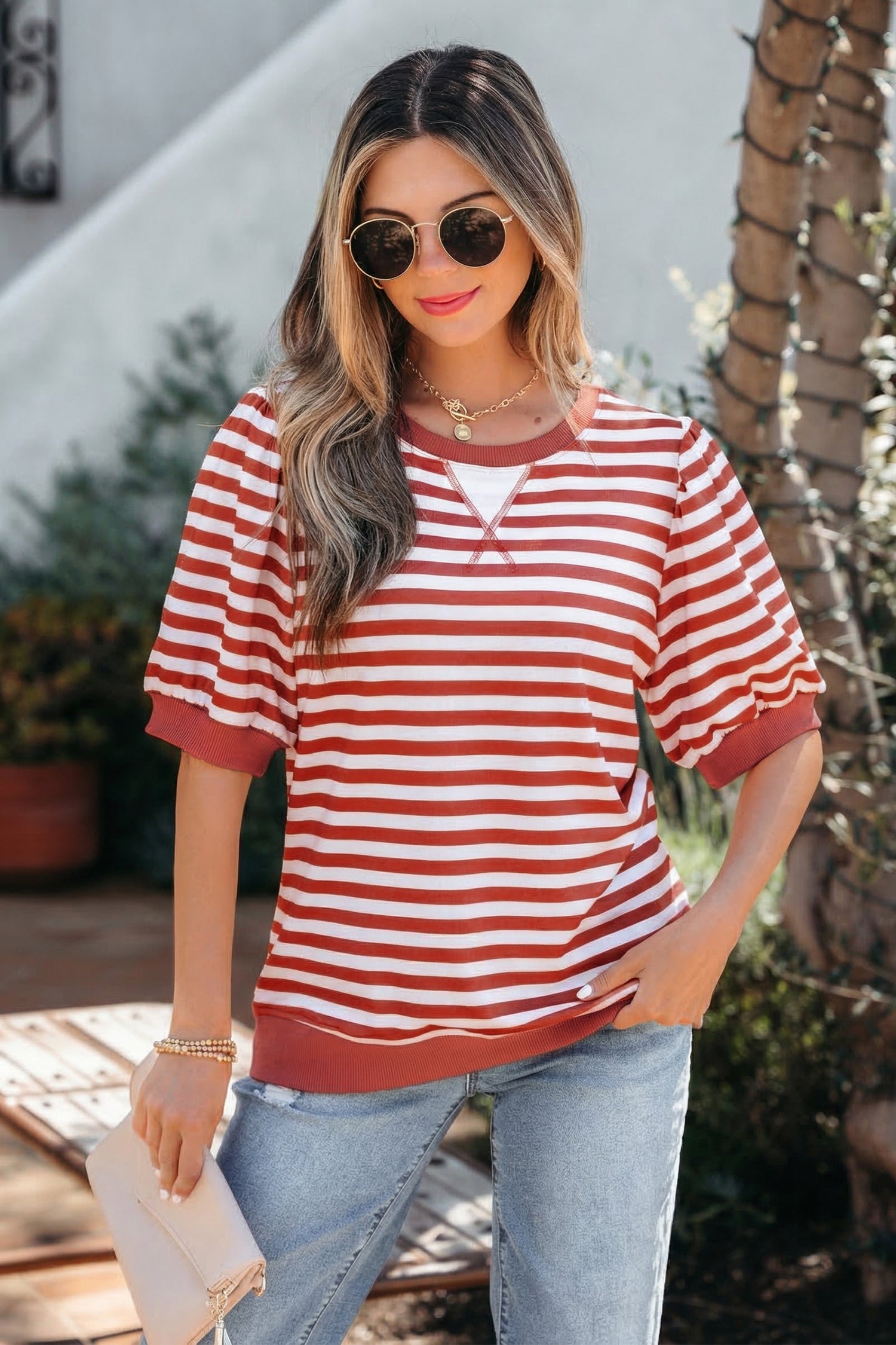Striped Short Bubble Sleeve T Shirt