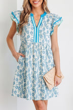 Floral Print Contrast Trim Flutter Sleeve Mini Dress