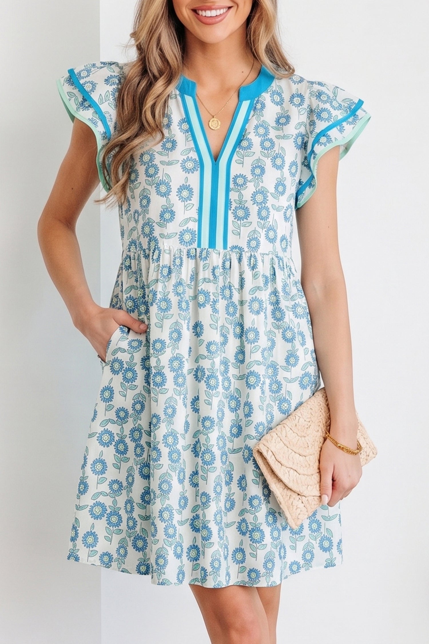 Floral Print Contrast Trim Flutter Sleeve Mini Dress