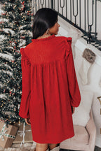 Fiery Red Textured Ruffled Trim V Neck Loose Fit Mini Dress