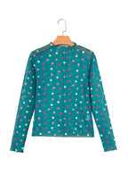Polka Dot Patterned Bodycon Mock Neck Mesh Long Sleeve Top