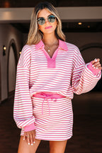 Striped Collared V Neck Drop Shoulder Pullover and Skort 2pcs Outfit