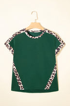 Leopard Trim Round Neck Loose T Shirt