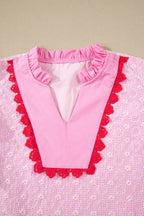 Eyelet Embroidered Flower Texture Contrast Lace Trim Flutter Sleeve Blouse