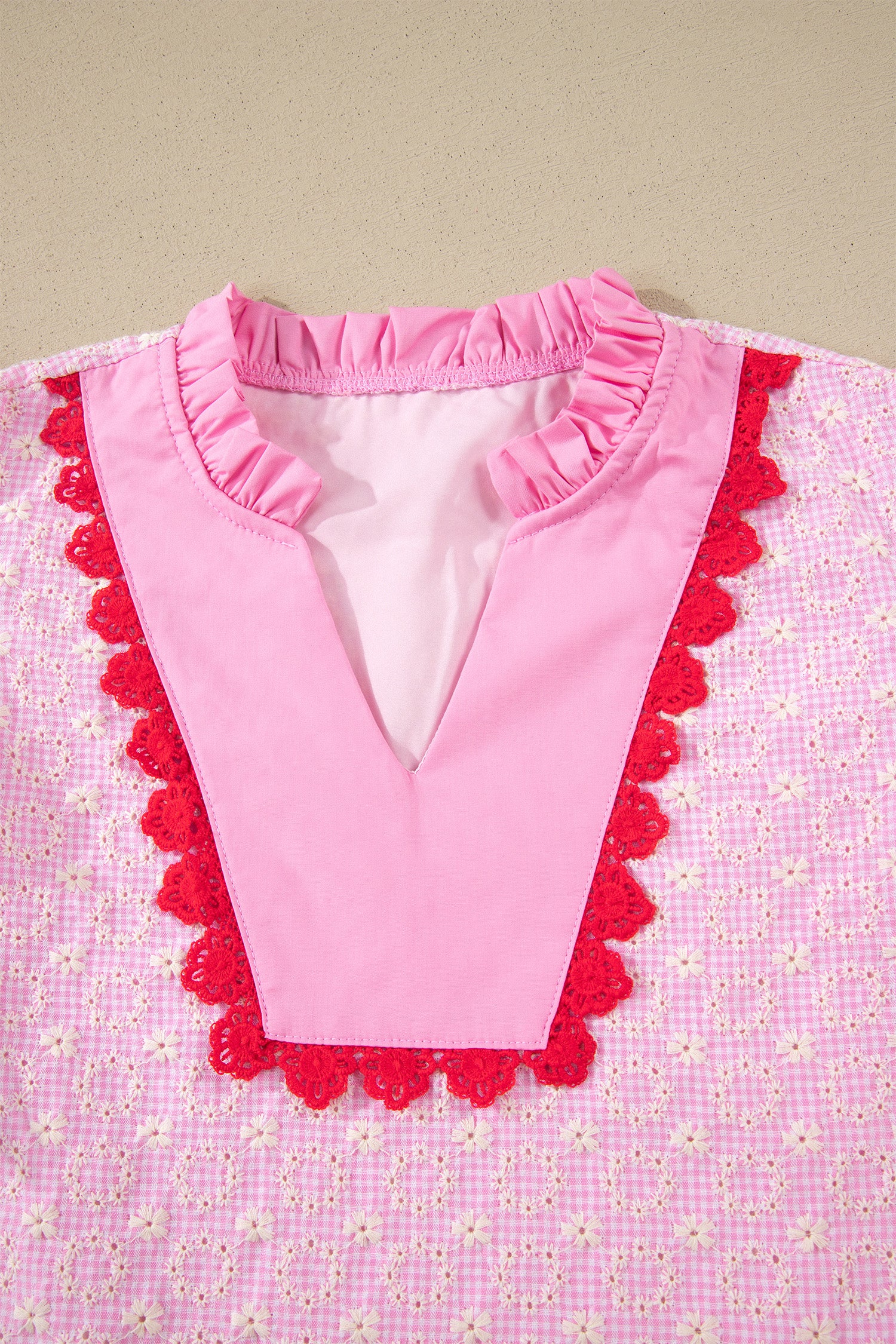 Eyelet Embroidered Flower Texture Contrast Lace Trim Flutter Sleeve Blouse