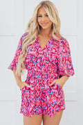 Abstract Print Puff Sleeve V Neck High Waist Romper