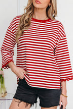Striped Print Drop Shoulder Lace Trim Bracelet Sleeve Loose Top