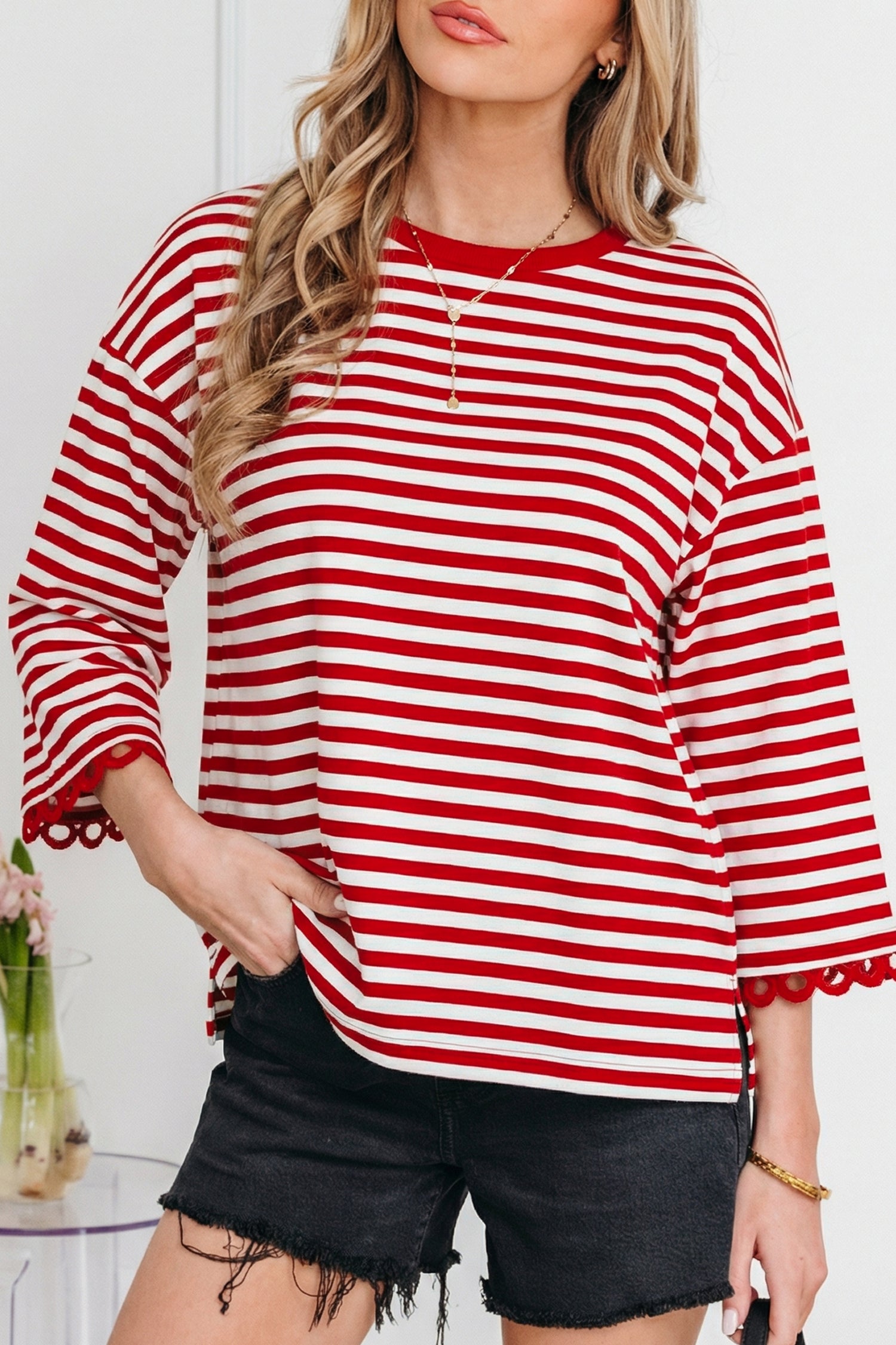 Striped Print Drop Shoulder Lace Trim Bracelet Sleeve Loose Top