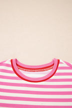 Pink Stripe Contrast Trim Short Sleeve Top Loose Shorts 2pcs Casual Outfit