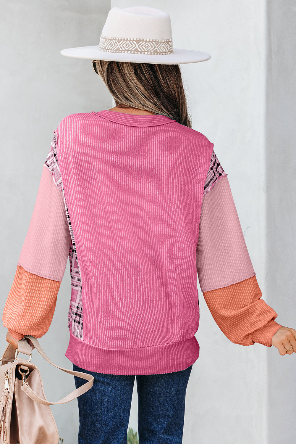 Corded Texture Plaid Colorblock Patchwork Split Neck Long Sleeve Top