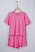 Bright Pink Seam Detail Raw Edge Tee Rainbow Waistband Casual Short Set