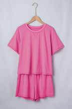Bright Pink Seam Detail Raw Edge Tee Rainbow Waistband Casual Short Set
