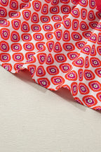 Orange Geometric Floral Print Color Block Trim Button Front Ruffle Hem Dress