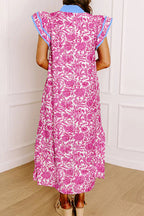 Floral Print Color Block Patchwork V Neck Short Sleeve Midi Dress