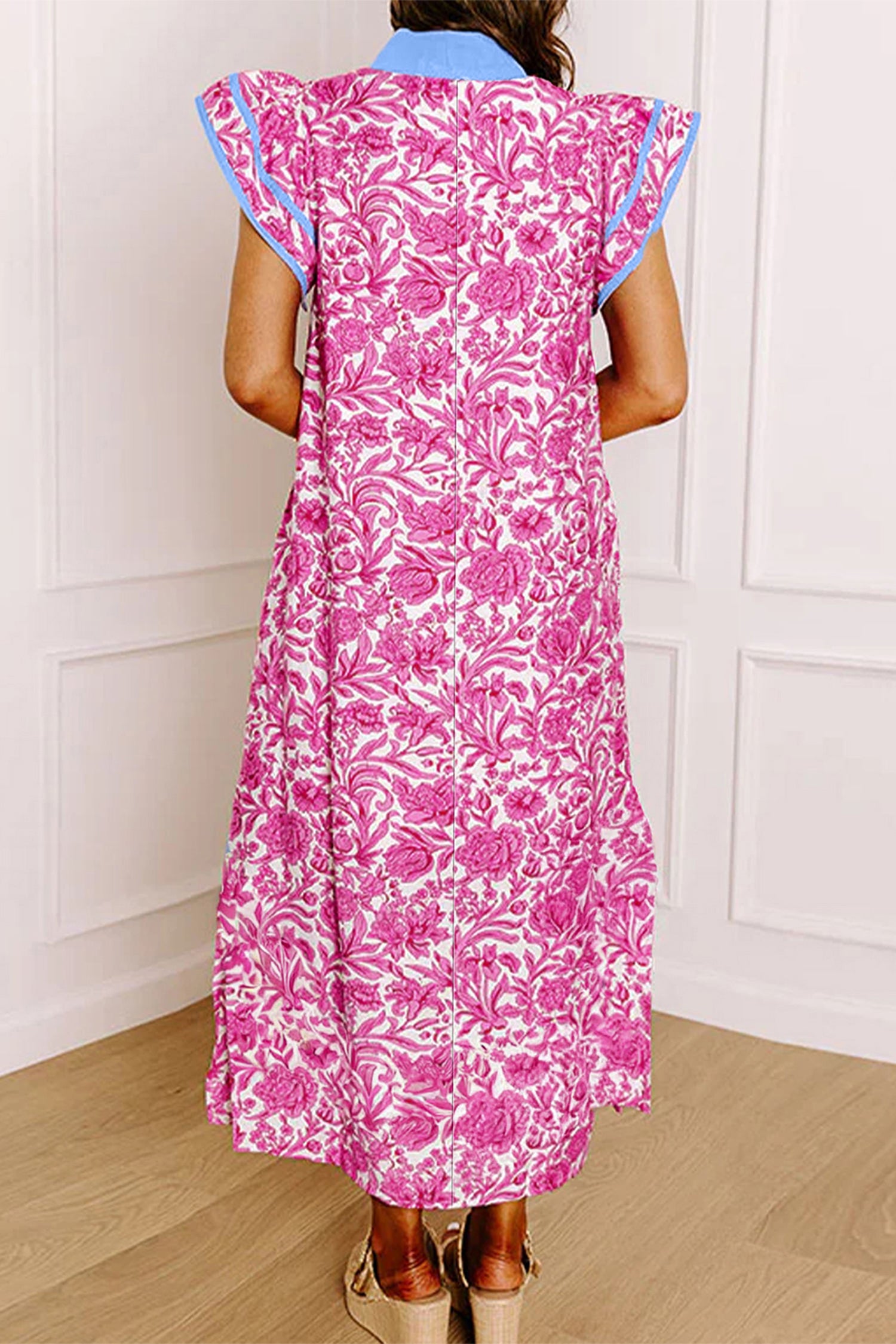 Floral Print Color Block Patchwork V Neck Short Sleeve Midi Dress