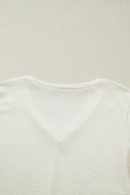Beige Thermal Knit Lace Ruched Patchwork Long Sleeve V Neck Top