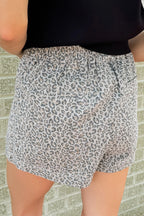 Grey Leopard Print Wrap Front Denim Shorts