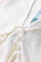 White Textured Knit V Neck Short Bubble Sleeve Peplum Top