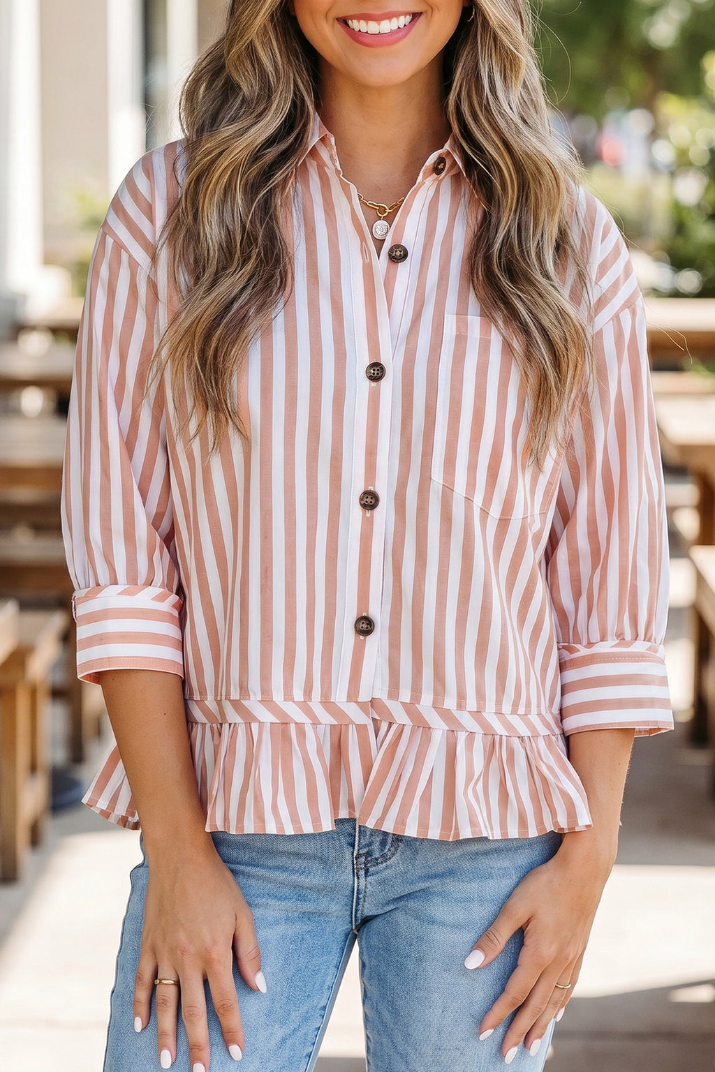 Khaki Stripe Striped Shirt Collar Bracelet Sleeve Hem Paneling Casual Shift Top