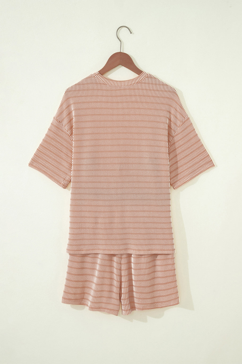 Striped Raised Rib Loose Tee Drawstring Elastic Waist 2pcs Short Set
