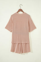 Striped Raised Rib Loose Tee Drawstring Elastic Waist 2pcs Short Set