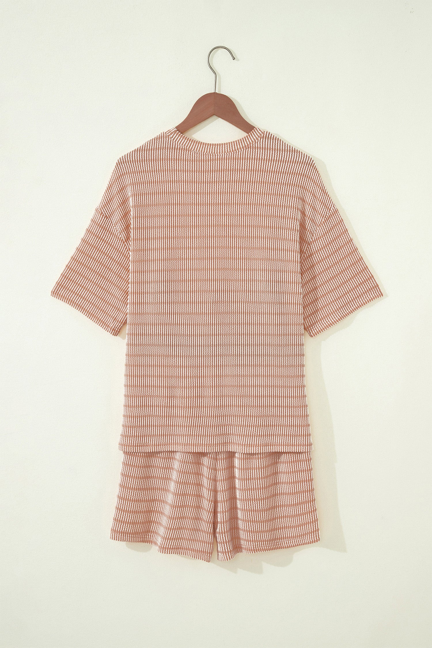 Striped Raised Rib Loose Tee Drawstring Elastic Waist 2pcs Short Set