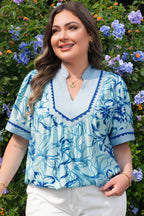 Sky Blue Plus Size Scalloped Trim Floral Short Sleeve Blouse