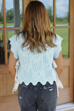 Pointelle Knit Patterned Scalloped Trim Short Sleeve Sweater