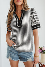 Black Stripe Collared Split Neck Short Bubble Sleeve Blouse