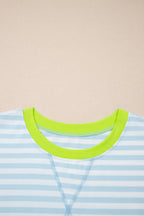 Striped Contrast Neck Loose Tee and Drawstring Shorts Set