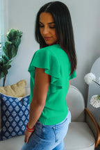 Solid Color Ribbed Trim Round Neck Ruffle Short Sleeve Sweater