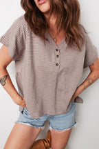 Khaki Stripe Buttoned V Neck High Low Side Slit T Shirt