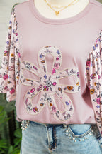Pink Contrast Floral Patched Flowy Half Sleeve Blouse