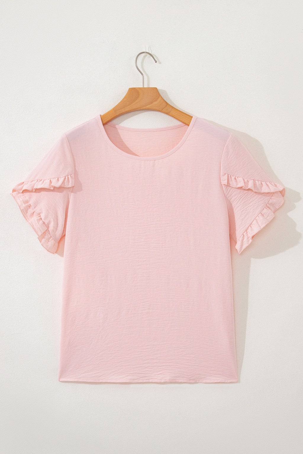 Solid Color Ruffle Trim Short Sleeve Blouse