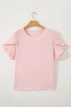 Solid Color Ruffle Trim Short Sleeve Blouse
