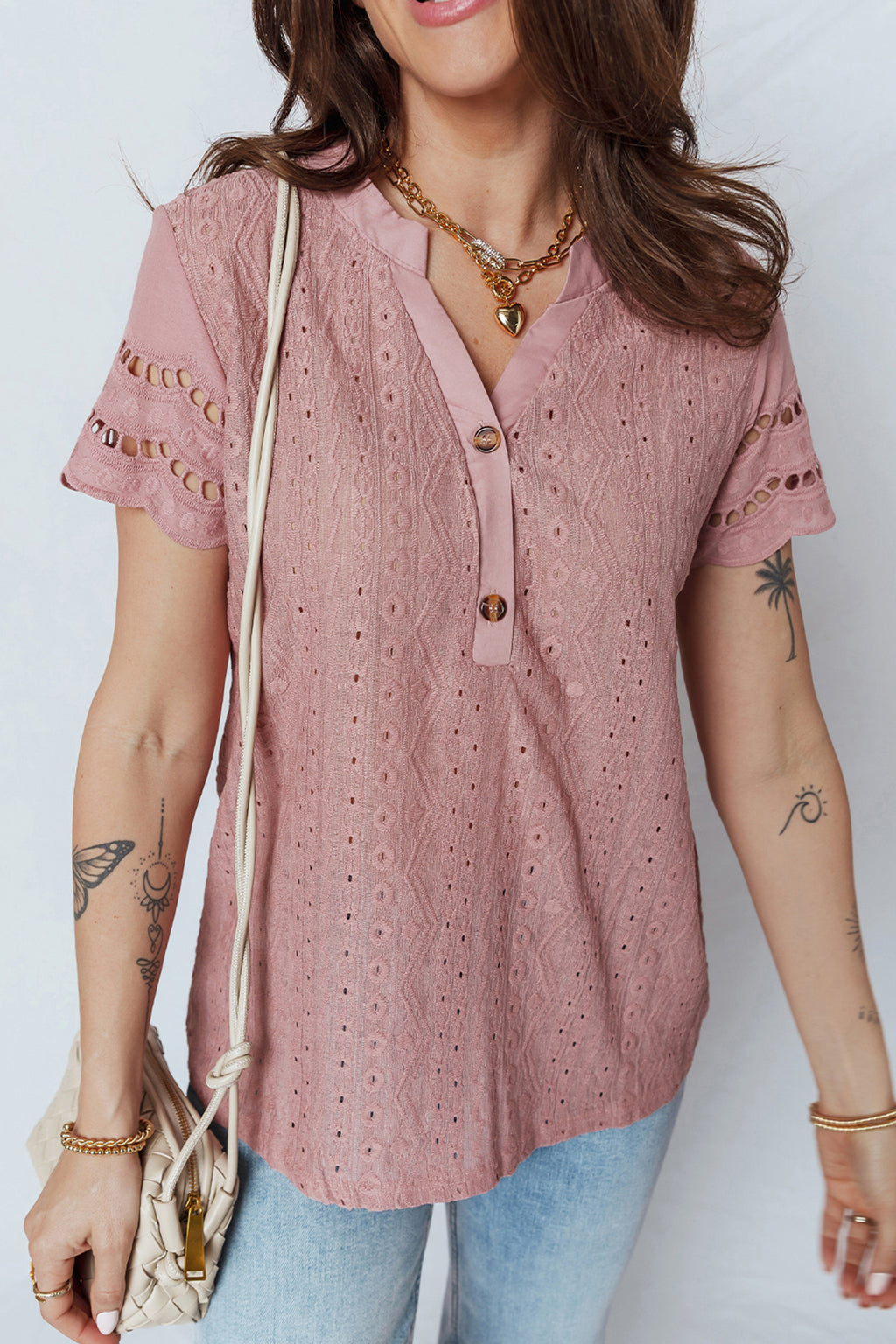 Fuchsia Textured Embroidered Half Buttons Short Sleeve Blouse