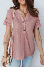 Fuchsia Textured Embroidered Half Buttons Short Sleeve Blouse