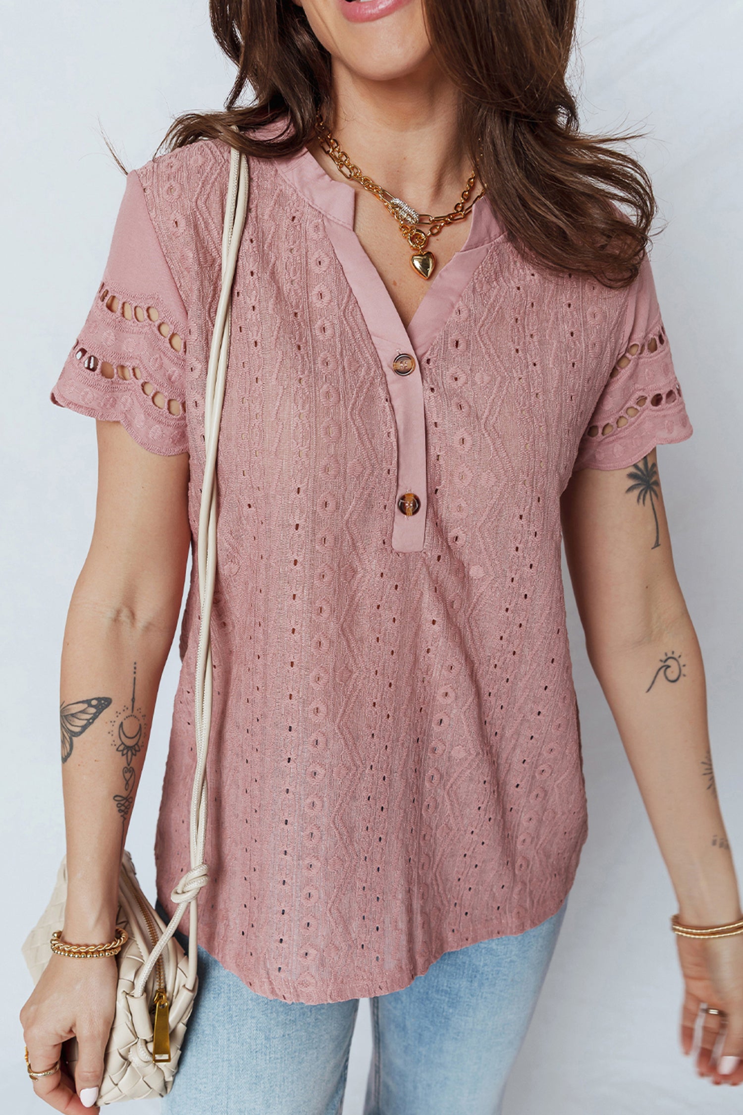 Fuchsia Textured Embroidered Half Buttons Short Sleeve Blouse