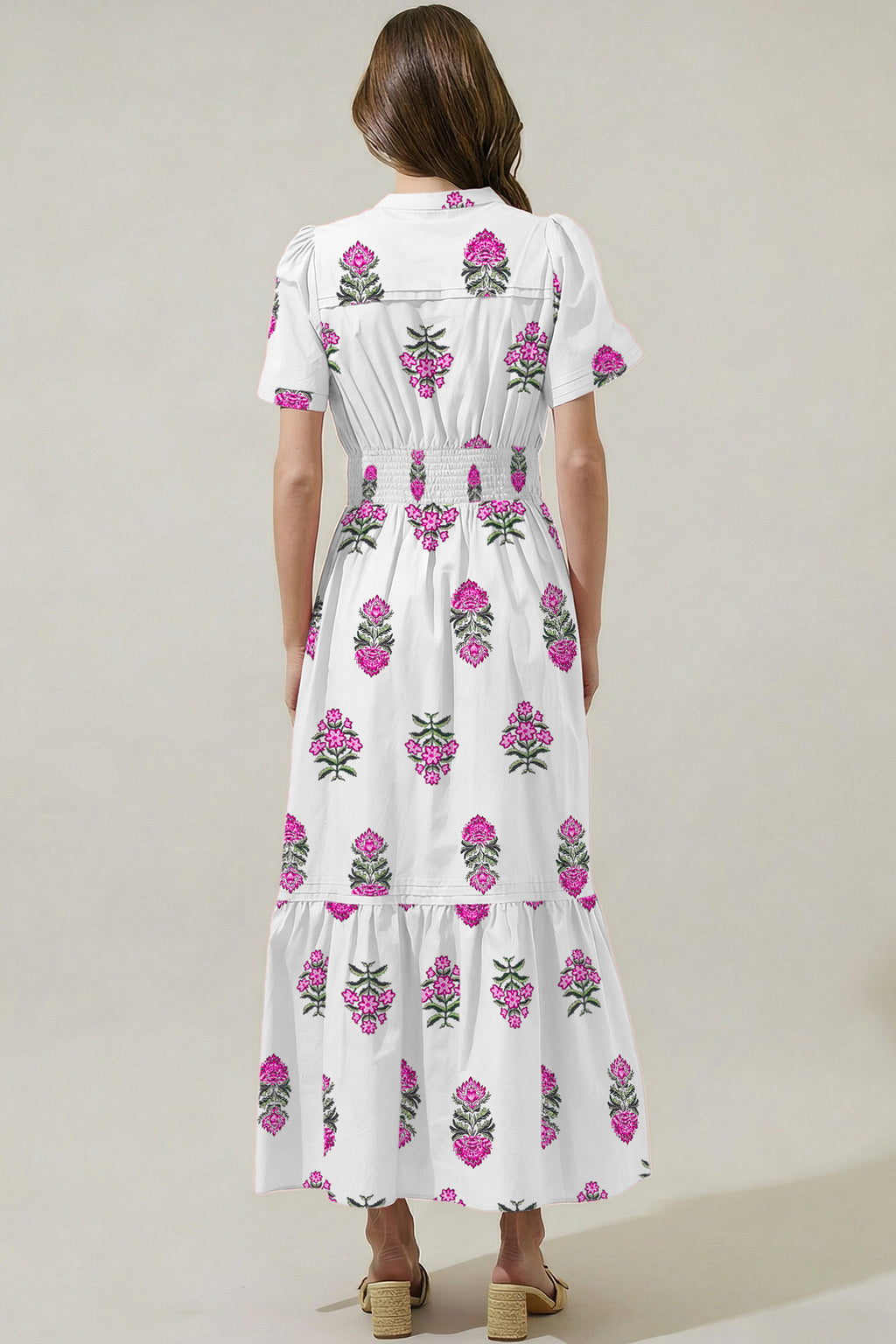 Floral Print Split Neck Shirred High Waist Ruffle Hem Maxi Dress