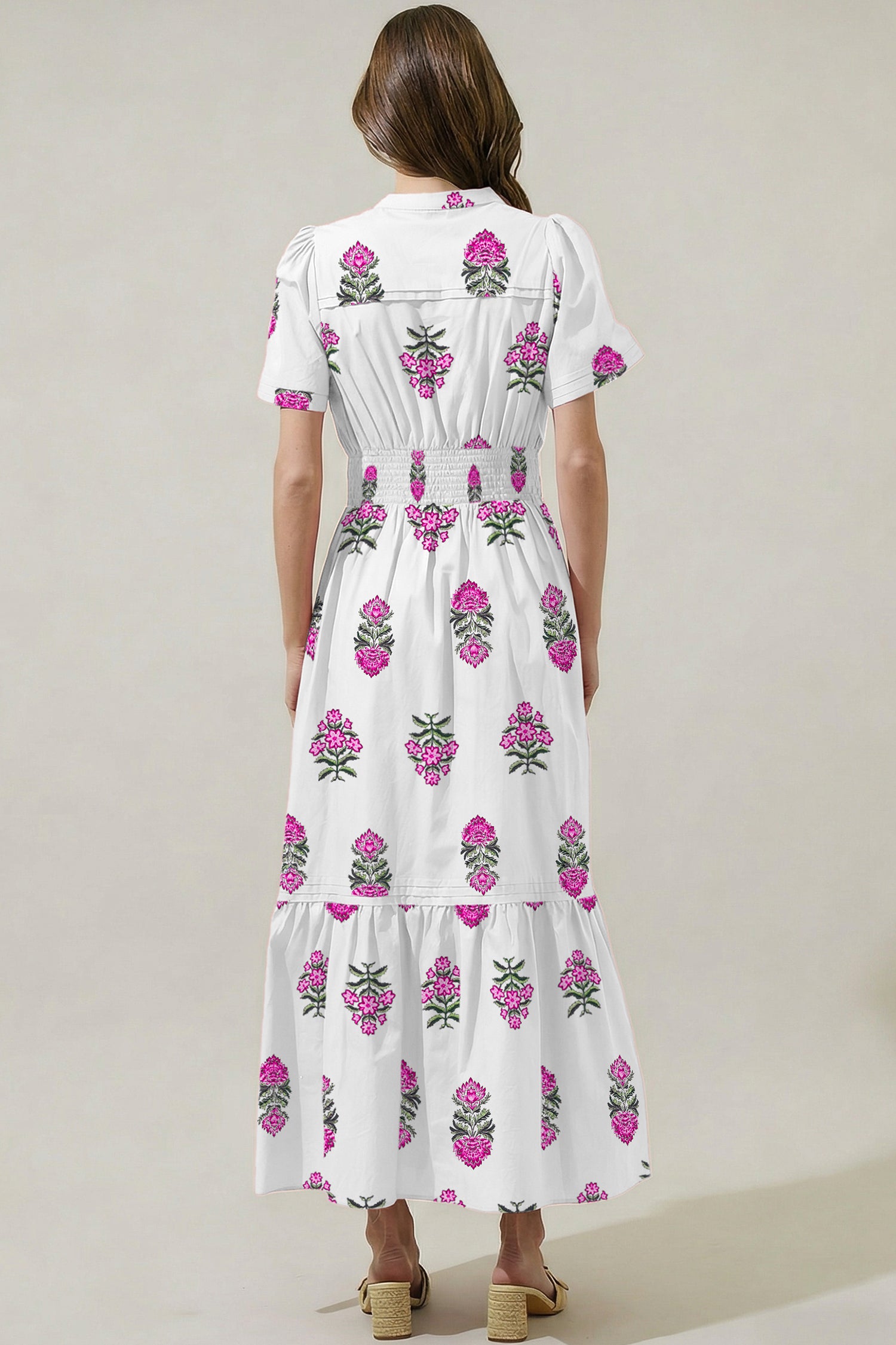 Floral Print Split Neck Shirred High Waist Ruffle Hem Maxi Dress